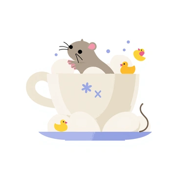 A tiny mouse enjoying a bath in a teacup filled with bubbles