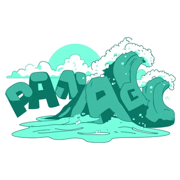 A teal ocean scene features large crashing waves that form the shapes of various vocabulary words. Each wave curls and rises, displaying different letters as they crest. The water is animated and dynamic, with foam and bubbles highlighting the shapes of the words. In the background, the horizon fades into a white sky, with hints of sunshine illuminating the water, creating a sense of movement and energy. Overall, the waves create a fascinating interaction between nature and language.