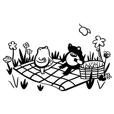 A frog and a toad sitting on a large checkered picnic blanket spread across a meadow. The frog has a small plate of fruit beside it, while the toad is holding a sandwich. A wicker picnic basket with the lid open is positioned near them, filled with various snacks. Surrounding them are numerous wildflowers of different shapes and sizes, creating a lively atmosphere. A gentle breeze is depicted moving through the meadow, with a few flowers swaying slightly.