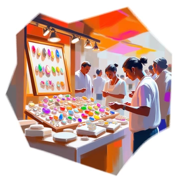 A bustling market stall displaying a variety of cabochon gemstones and jewelry