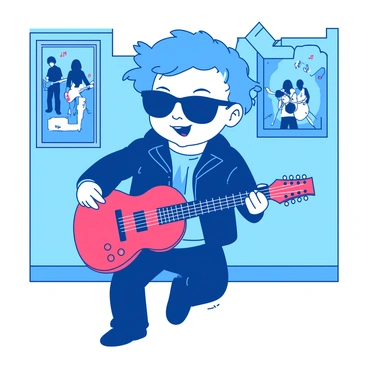 A blue baby dressed in a black leather jacket is striking a pose as a rockstar. The baby is wearing oversized dark sunglasses that cover most of its face. In one hand, the baby holds a bright red toy guitar, and it's skillfully balancing it on one knee. The background features a light blue wall with posters of rock bands and musical notes. The baby has a playful expression, as if ready to perform for an audience.