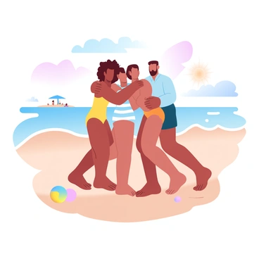 A group of four friends is engaged in a playful group hug at the beach. They are standing on soft sand, with gentle waves lapping at their feet. Two friends are on the left, one wearing a bright yellow tank top and the other in a striped swimsuit. To the right, one friend is dressed in a light blue shirt, and another is wearing a vibrant orange bikini. The sun is shining brightly, casting warm colors throughout the scene. In the background, there are distant beach umbrellas and a few beachgoers enjoying their day. A colorful beach ball lies partially buried in the sand near their feet.