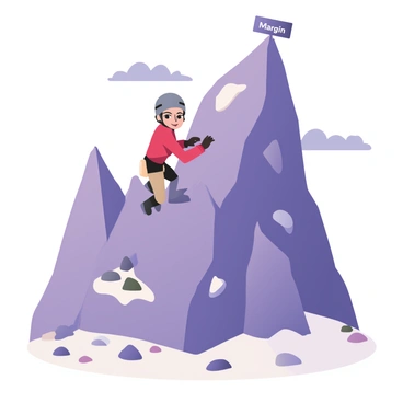A climber is scaling a steep mountain labeled "Margin," depicted with rugged terrain and rocky outcrops. The climber, wearing a bright red climbing suit and a helmet, has one hand reaching upward toward the summit labeled "Profit." Below, there are loose stones and patches of snow, indicating a challenging ascent. The sky above is clear blue, and a few distant clouds are visible. The mountain peaks in the background create a sense of height and challenge. The climber's expression is focused, demonstrating determination in reaching the top.