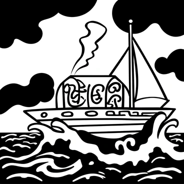 The "Ark of the Covenant" placed prominently on the deck of a ship, with intricate designs visible on its surface. The ship is being tossed by large, turbulent waves, depicting the power of the stormy sea. Dark clouds swirl in the sky above, with "lightning" striking dramatically in the background, illuminating parts of the scene. The ocean appears wild, with frothing white caps on the waves, adding to the intensity of the moment. The ship’s sails are billowing in the fierce winds, capturing the wildness of the storm around it.