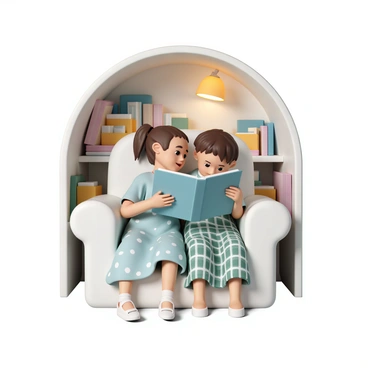 Two children, a girl and a boy, both wearing cozy, soft dresses. The girl has a light blue dress with white polka dots and the boy wears a green plaid dress. They are sitting in a reading nook, nestled in a cozy, oversized armchair covered in a patterned blanket. Surrounding them are bookshelves filled with colorful books of various sizes. The nook is softly illuminated by a warm lamp, casting a gentle light over the children as they look at a large picture book together.