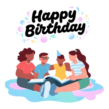 A group of kids gathered around a storyteller reading a book about birthdays