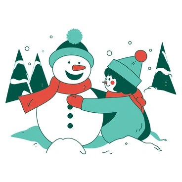 A teal snowman is being built by Lou on a white snowy day. Lou is wearing a bright red scarf and matching red gloves. The snowman has a cheerful face, with a carrot nose and coal eyes. Snow is gently falling around them, and Lou is smiling as they pack snow onto the snowman. In the background, there are snow-covered trees and a soft white landscape.