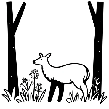 A deer standing on all fours in a woodland clearing, focused on grazing among tall grass. Surrounding the deer, there are clusters of "goldenrod" plants with distinctive flower heads. Tall trees with textured bark extend upward on either side, their branches creating a natural frame. The ground is covered with a mix of leaves and underbrush, adding to the woodland atmosphere.