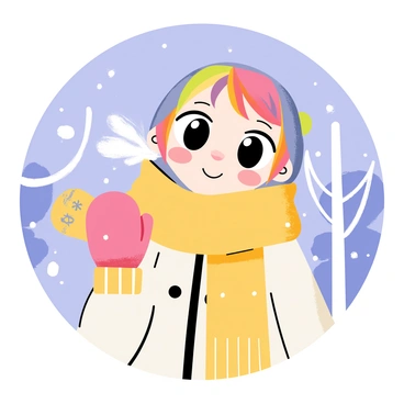 An anime girl with large expressive eyes and colorful hair is bundled up in a thick, cozy scarf and matching mittens. She is outdoors in a winter setting, surrounded by softly falling snowflakes. The girl is blowing warm breath into the cold air, which creates visible puffs of mist. Her cheeks are slightly flushed from the chill, and she wears a playful smile, adding to the cheerful atmosphere of the scene. The background features snow-covered trees and a clear blue sky.