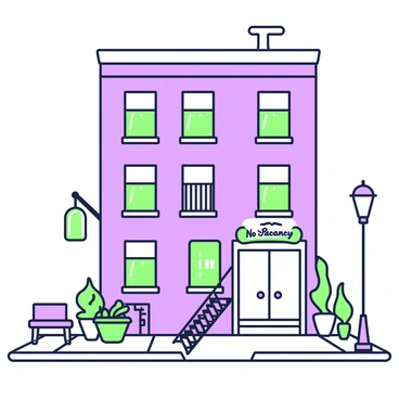 A tiny apartment building stands on a bustling street corner. The building has three floors, each featuring several small windows with green shutters. The entrance is marked by a set of double doors, and just above the doors, there is a prominent "No Vacancy" sign hanging. The sign is illuminated and clearly visible to passersby. A small fire escape is attached to the side of the building, leading down to the sidewalk where a few potted plants are arranged neatly. The surrounding area includes a bench and a street lamp, creating an inviting atmosphere.