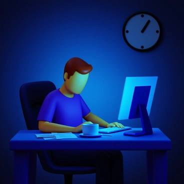 An entrepreneur sitting at a desk, working late at night. The room is dimly lit, creating a shadowy atmosphere. The computer screen emits a soft blue glow, illuminating the entrepreneur's focused face and hands as they type. Papers and a coffee cup are scattered around the desk, adding to the sense of dedication and late-night effort. A clock on the wall shows it's past midnight, indicating the late hour of work.