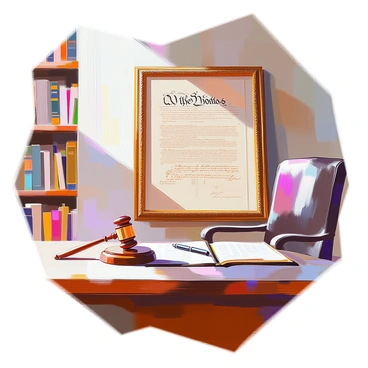 A framed copy of the "Constitution of the United States" is prominently displayed on the wall of a judge's office. The frame is ornate, with intricate details in a dark wood finish that enhances the document's significance. The office is furnished with a large oak desk, a leather chair behind it, and shelves filled with law books. A window allows natural light to illuminate the space, casting soft shadows. A gavel rests on the desk next to a notepad and pen, symbolizing the judicial duties performed within the room.