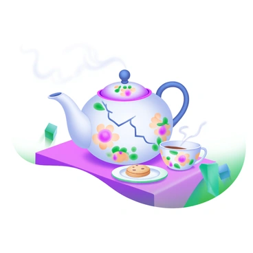 A whimsical teapot with a small crack on its side, decorated with colorful floral patterns. The teapot is emitting steam from its spout, creating delicate wisps that rise into the air. The teapot is placed on a pastel-colored tablecloth, surrounded by whimsical teacups and a small plate of cookies. Light reflects off the smooth surface of the teapot, emphasizing its unique shape and vibrant colors.