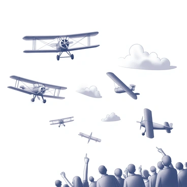 A group of vintage biplanes soaring through the sky. The planes are performing a series of daring aerial stunts, including loops and rolls. Each biplane has a distinct design, showcasing various wing shapes and propeller styles. Below, a crowd of spectators watches in awe, with some individuals pointing upwards. The sky features scattered clouds, adding depth to the scene. The overall atmosphere captures the excitement and thrill of the airshow.