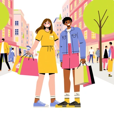 Two best friends standing side by side in a bustling city street, both smiling widely. One friend has long brown hair, wearing a bright yellow dress, while the other has short curly black hair, dressed in a trendy denim jacket and pink skirt. They are holding colorful shopping bags, filled with various items peeking out, such as a pair of shoes and a clothing tag. The background shows lively city buildings and people walking by, creating a vibrant atmosphere. A few trees line the sidewalk, adding a touch of greenery to the scene.