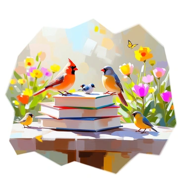 A sunny garden setting filled with vibrant green plants and colorful flowers provides a cheerful backdrop. Several books are stacked on a rustic wooden table, their pages slightly fluttering in the gentle breeze. Various birds, including a bright red cardinal, a small blue tit, and a yellow canary, are perched on the spines of the books and some are nestled between them. Sunlight filters through the leaves, casting playful shadows on the surface of the table, while a few butterflies flutter around the colorful blooms nearby.