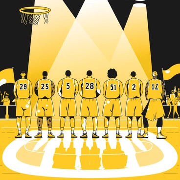 A basketball court is illuminated by bright lights, creating a dramatic spotlight effect. Various players are lined up at the edge of the court, wearing yellow jerseys with their respective numbers, shorts, and basketball shoes. Each player stands tall, showcasing their athletic physique, while looking focused and ready for the game. The audience in the background is visible, with some fans waving flags and banners. The hardwood floor reflects the lights above, adding to the atmosphere of anticipation as the players prepare to step into the spotlight.