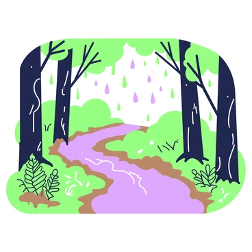 A forest path winds gently through tall trees. The ground is covered with a mix of brown leaves and rich soil. Raindrops are falling softly, creating small splashes as they land on the ground. The leaves on the trees are glistening with droplets, reflecting light like tiny jewels. On either side of the path, ferns and small plants appear lush and vibrant, adding texture to the scene. A mist hangs lightly in the air, enhancing the tranquil atmosphere of the forest.