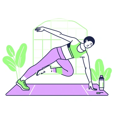 An individual is on all fours on a yoga mat, concentrating on maintaining balance while performing the bird-dog exercise. The person is extending their right arm forward and simultaneously stretching their left leg backward. They have a focused expression on their face, signifying concentration. The background shows a softly lit exercise room with a few plants in the corners. A water bottle sits nearby on the mat. The individual is wearing athletic clothing, including a fitted tank top and leggings.