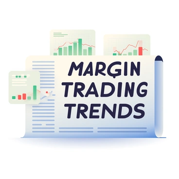A newspaper is displayed prominently, featuring a headline that reads "Margin Trading Trends" in bold black letters. The background contains several stock market graphs, each displaying fluctuating lines and bars in shades of green and red to indicate market trends. There are small annotations next to the graphs providing additional details, and the newspaper is set against a subtle, light-colored surface to enhance visibility. The overall composition conveys a sense of urgency and financial focus.