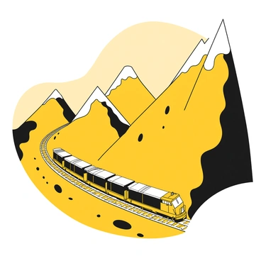 A cargo train winding through steep mountain peaks with misty valleys below