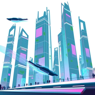 A sprawling futuristic cityscape with towering arcologies featuring sleek, glass-like structures that reach high into the sky. The arcologies are adorned with dynamic, glowing advertisements and greenery integrated into their design. Floating vehicles zip through the air, showcasing streamlined shapes and bright neon lights. Below, the streets are bustling with people walking on transparent walkways, and holographic displays are visible at various points. The sky is a gradient of colors, reflecting the advanced technology and vibrant life of the year 2024.