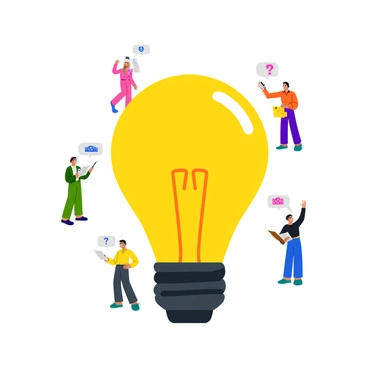 A large glowing lightbulb with a warm yellow hue, positioned at the center of the image. The lightbulb has clear glass with visible filament details. Surrounding the lightbulb are several tiny figures, each with vibrant colors, engaged in brainstorming. They are in various poses, with some holding clipboards, others raising hands as if sharing ideas, and a few with thought bubbles above their heads containing symbols like gears and question marks. The background is simple and uncluttered, allowing the focus to remain on the lightbulb and the figures.
