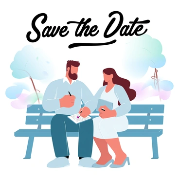 A man and a woman are sitting on a park bench, each with a sketchbook in hand. The man has dark hair and is wearing a light sweater, while the woman has long brown hair and is dressed in a casual dress. They are focused on each other, lightly smiling as they sketch. In the background, there are trees with green leaves swaying gently and a few people walking along the path. Above the couple's sketches, the phrase "Save the Date" is elegantly written in a decorative font. The scene is infused with gradient pastel colors, enhancing the warm atmosphere of the park.