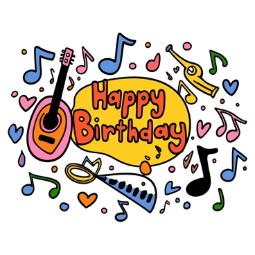 A birthday card with a bright and colorful design. The card features various musical notes scattered throughout, including treble clefs and quavers. Surrounding the notes are different musical instruments, such as a guitar, a trumpet, and a piano. The background is decorated with vibrant colors, enhancing the festive atmosphere. The words "Happy Birthday" are prominently displayed in a playful and bold font at the center of the card.