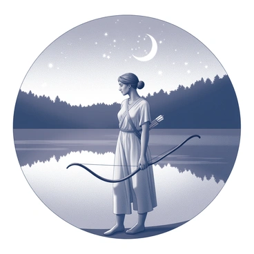 A figure of "Artemis" stands at the edge of a lake. The surface of the water reflects the "night sky," filled with stars and the outline of a crescent moon. Artemis is depicted with a bow in one hand and a quiver of arrows slung over her shoulder. She wears a flowing garment that resembles a robe, and her hair is styled in a loose, elegant manner. The surrounding area features a dark tree line in the background, adding depth to the scene. The overall composition emphasizes the serene moment, capturing the stillness of the lake and the vastness of the night above.