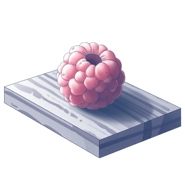 A close-up view of a single ripe raspberry placed on a textured wooden table. The raspberry displays its delicate, bumpy surface with small droplets of water clinging to it, highlighting its freshness. The wooden table has a rich grain pattern, adding depth to the composition. The light casts soft shadows, emphasizing the round shape of the raspberry and the natural imperfections of the wood.