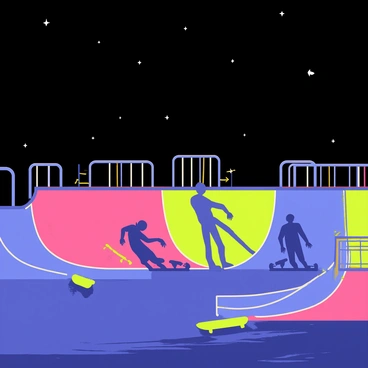 A skatepark at night, illuminated by colorful spray-painted graffiti under blacklight