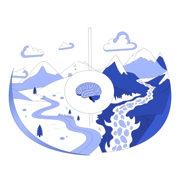 A serene landscape split down the middle, one side showing calmness and the other side depicting stress, with the amygdala in the center.