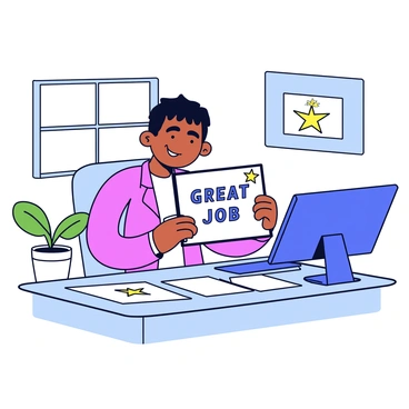 An employee is sitting at a desk covered with papers and a computer. They have a broad smile on their face as they hold a "Great Job" certificate in their hands. The certificate features bold lettering and a star graphic at the top. The office background includes a plant on the side and a framed picture on the wall. The light from a nearby window illuminates the scene, creating a bright atmosphere.