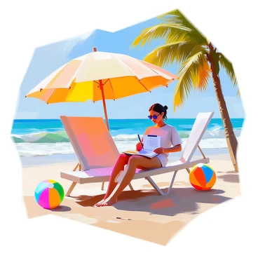 A person with medium skin tone is sitting comfortably on a beach chair on a sunny day. They are wearing sunglasses and a light-colored beach shirt. The chair is placed on soft, golden sand with the ocean waves gently rolling in the background. The person is holding a clipboard with a vacation satisfaction survey and is focused on writing with a pen. Nearby, there is a bright beach umbrella providing shade, and a colorful beach ball is resting on the sand beside the chair. A few palm trees can be seen swaying lightly in the breeze.