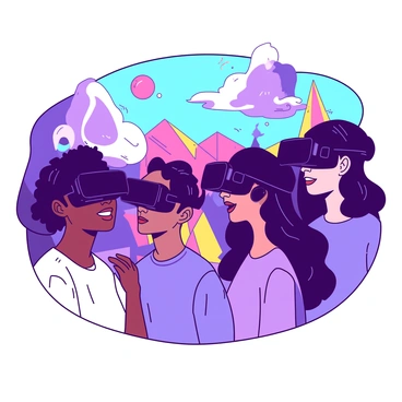 A group of diverse individuals wearing sleek black VR headsets are immersed in a vibrant digital world. Each person is engaged in their own experience, with expressions of focus and excitement. The background showcases a colorful, abstract landscape filled with floating geometric shapes and bright luminescent patterns. The lighting in the scene varies, highlighting the individuals while casting a soft glow on the captivating elements of the digital environment.