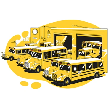 A garage filled with buses of various shapes and sizes, all waiting to start their routes. The buses are parked in neat rows, each featuring distinct designs and markings. Some buses have large windows, while others display "School Bus" signs prominently. The garage has open doors, allowing for an ample view of the vehicles inside. Various tools and equipment are organized in the background, and a large clock hangs on the wall, indicating the time for departure. Sunlight streams into the garage, highlighting the polished surfaces of the buses.