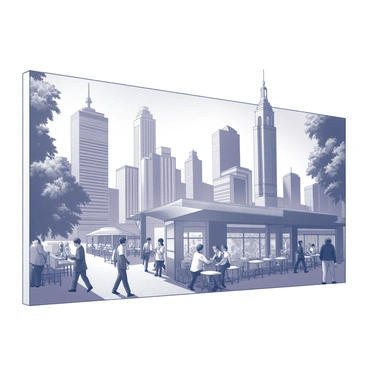 A vibrant mural on the wall of a cafe depicting a lively city scene