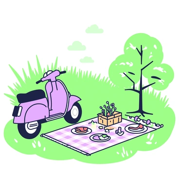 An old moped parked beside a blanket with a picnic setup in a sunny meadow