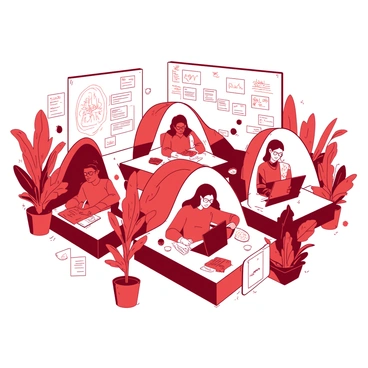 A red innovation hub filled with various startup teams working energetically in separate white pods. Each team consists of individuals with diverse backgrounds collaborating intently, sharing ideas and concepts on digital tablets and laptops. Around the hub, there are large whiteboards filled with colorful sketches and notes, and plants are scattered throughout to create a vibrant atmosphere. Soft lighting from overhead fixtures illuminates the space, highlighting the dynamic exchanges happening among the teams.