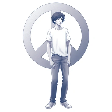 A figure resembling a musician stands in a casual pose. The individual has tousled hair and is dressed in a loose-fitting shirt and jeans. Behind this figure, a large peace symbol dominates the background, prominently displayed. The atmosphere reflects a sense of freedom and individuality, with the peace symbol perfectly centered and sized to capture attention. The scene conveys themes of harmony and resilience, as the figure appears relaxed and confident.