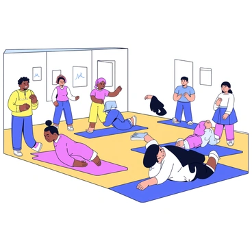 A group of diverse individuals practicing yoga in a spacious, bright room. They are performing various poses in unison, following the instructor at the front. The instructor is demonstrating a "downward dog" pose, while the participants are in different stages of the pose, showcasing their focus and dedication. The participants are wearing comfortable workout attire, and yoga mats are spread across the wooden floor. The atmosphere is calm and encouraging, highlighting a sense of community and mindfulness.