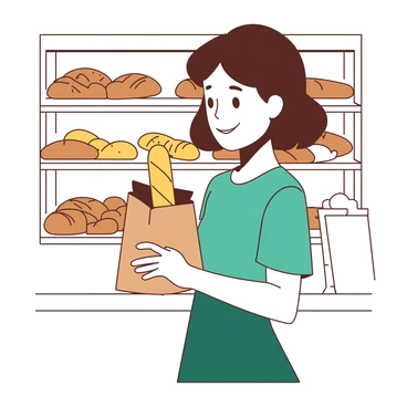 A teal girl with short brown hair is standing in front of a white bakery counter. She is holding a small brown paper bag filled with freshly baked bread. The bakery shelves behind her are stocked with various types of bread, including loaves and pastries, all displayed under warm lighting. The girl has a satisfied smile on her face as she looks at a golden-brown baguette peeking out of the bag.