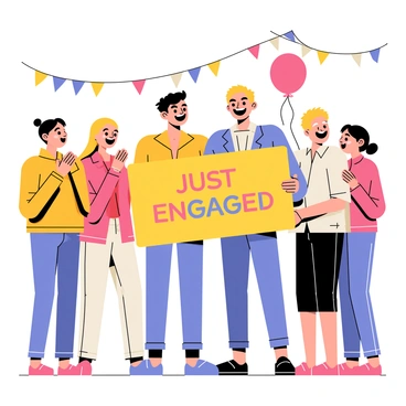 A couple stands in the center, smiling widely as they announce their engagement. They are surrounded by family members who express joy and excitement. The couple holds a bright, colorful sign that reads "Just Engaged." The family members are a mix of ages, with some clapping and others embracing the couple. The background features a cheerful atmosphere, enhanced by balloons and streamers in festive colors. The scene captures a moment of love and celebration.