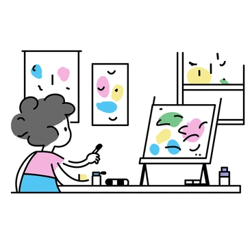 A child, around six years old with curly hair, is sitting at a small table in a bright room filled with natural light. The child is holding a paintbrush in one hand and is focused on a canvas in front of them. The canvas displays a mixture of vibrant colors including blue, red, yellow, and green, creating abstract shapes and patterns. Various tubes of paint and brushes are scattered around the table. In the background, there are colorful drawings pinned on the wall and a window showing a sunny day outside.