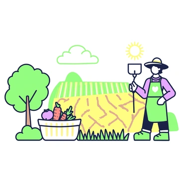A farmer wearing a wide-brimmed hat is harvesting crops in a field. The farmer holds a sickle in one hand while cutting through golden wheat stalks. The field stretches out in the background, dotted with rows of neatly aligned crops. In the foreground, there is a wooden basket filled with freshly harvested vegetables, including carrots and tomatoes. The sun is shining brightly in the sky, casting distinct green and purple shadows across the field. A gentle breeze rustles the leaves of a nearby tree to the side.
