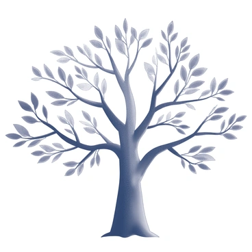 An illustrated family tree with various branches extending outward. Each branch is distinctly shaped to represent different generations and backgrounds. The tree's trunk is sturdy and central, symbolizing the family's roots. Along the branches, there are names and small symbols that denote relationships and individual family members. The branches display a range of intricate designs, showcasing diversity in heritage. Each generation is clearly delineated by the spacing and arrangement of the branches, creating a clear visual hierarchy.