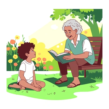 A young child with curly hair is sitting cross-legged on a vibrant green lawn in a sunlit garden. The child is gazing up with wide eyes, completely captivated. An elderly person, with gray hair and a warm smile, is sitting across from the child on a wooden garden bench, animatedly sharing a story. Sunlight filters through the leaves of nearby trees, casting playful shadows on the ground. Colorful flowers in shades of yellow and orange bloom around them, creating a lively backdrop to this heartfelt moment.