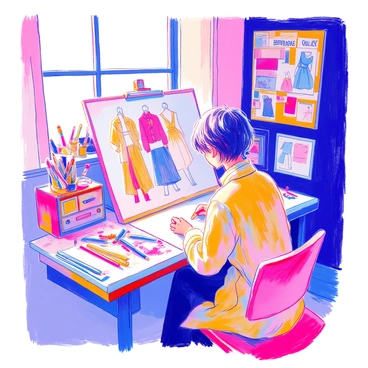 An artist is seated at a drafting table, sketching a storyboard for a fashion campaign. The table is cluttered with various colored pencils, markers, and scattered sheets of paper. The artist has short hair and is wearing a paint-splattered smock. In the background, there are mood boards pinned to the wall, showcasing different fabric swatches, accessories, and inspirational images. The artist is focused on a large sheet of paper, where a series of dynamic poses and outfits are illustrated. A nearby window allows natural light to illuminate the workspace, highlighting the artist's creativity.