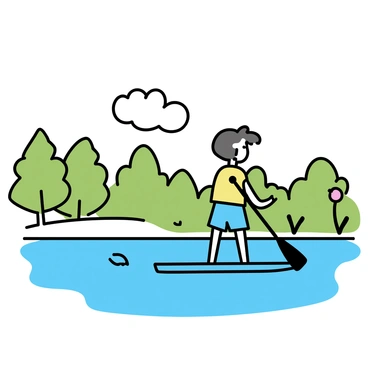 A person standing on a paddleboard on a calm lake. The paddleboard is light blue, and the person is wearing a yellow life jacket. They are using a black paddle to navigate through the water. The lake is surrounded by lush green trees and tall grasses, indicating a summer setting. A few small wildflowers dot the shoreline, adding color to the scene. The sky above is clear with a few fluffy white clouds.